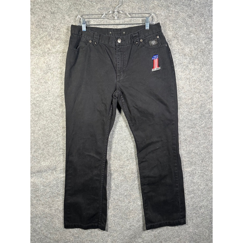 Harley Davidson WomensBlack Denim Jeans Straight Leg #1 Logo Biker Pants Size 12